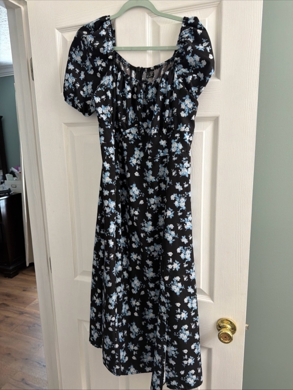 SHEIN Black Midi Dress with Light Blue Floral Print